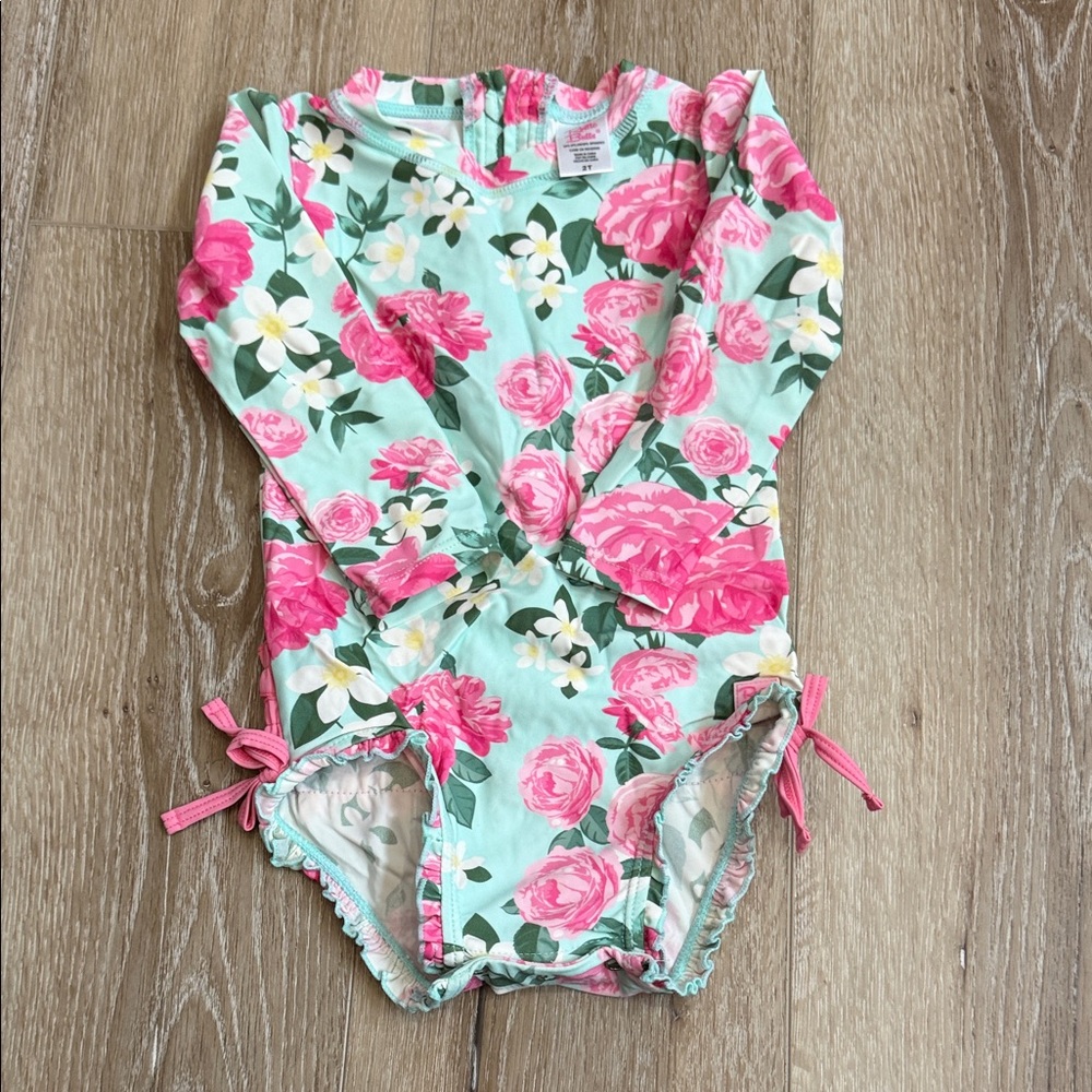 Ruffle Butts Pink and Green Floral Swimsuit